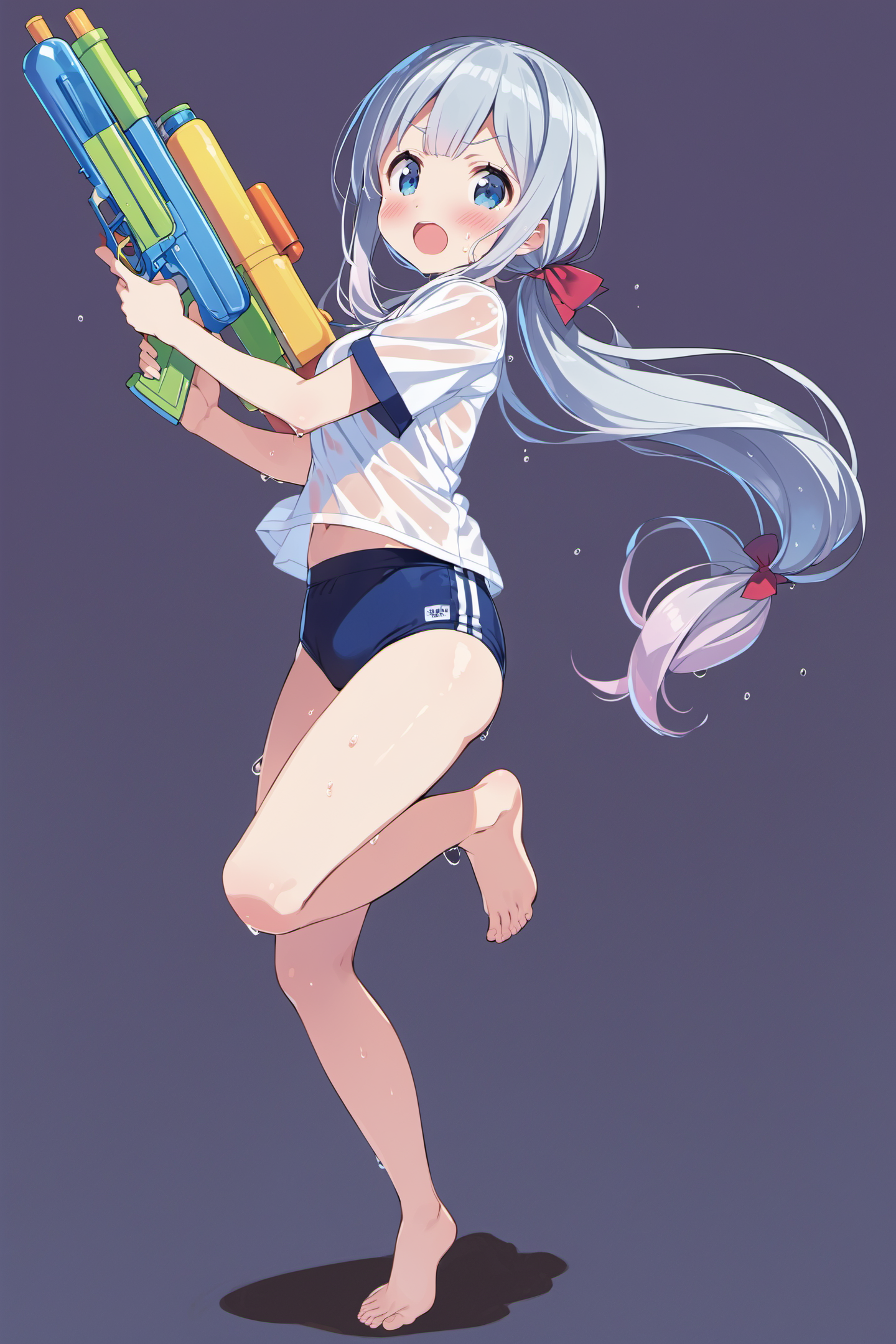 23309-410043997-1girl, long hair, barefoot, izumi sagiri, water gun, open mouth, buruma, hair bow, blue eyes, red bow, gym uniform, grey hair, l.png